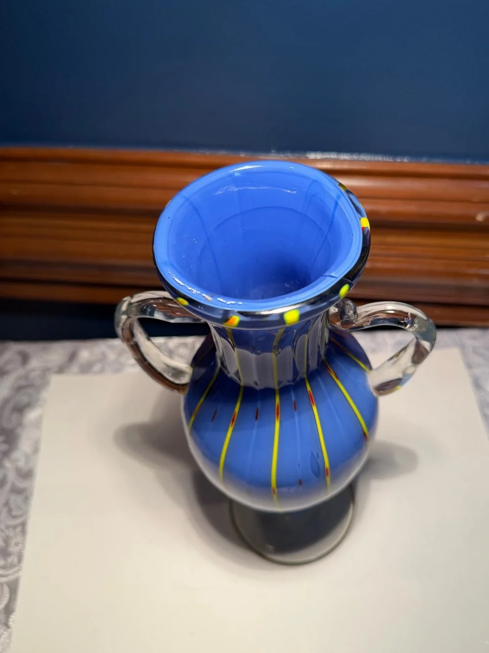 Vibrant Murano Style blue hand-blown art glass vase. Blue Yellow Red Stripes